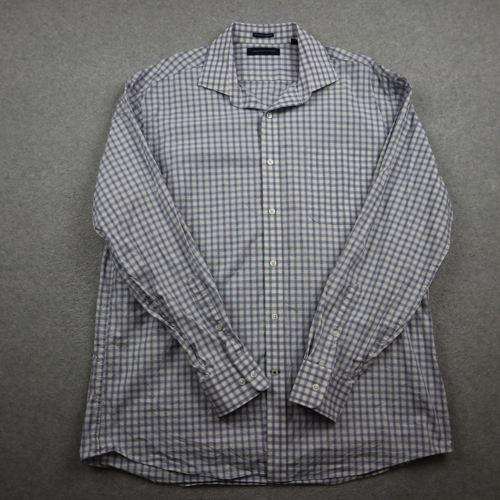 Tommy Hilfiger Shirt Mens L 16-16.5 34/35 Regular Fit Stretch Blue White Button